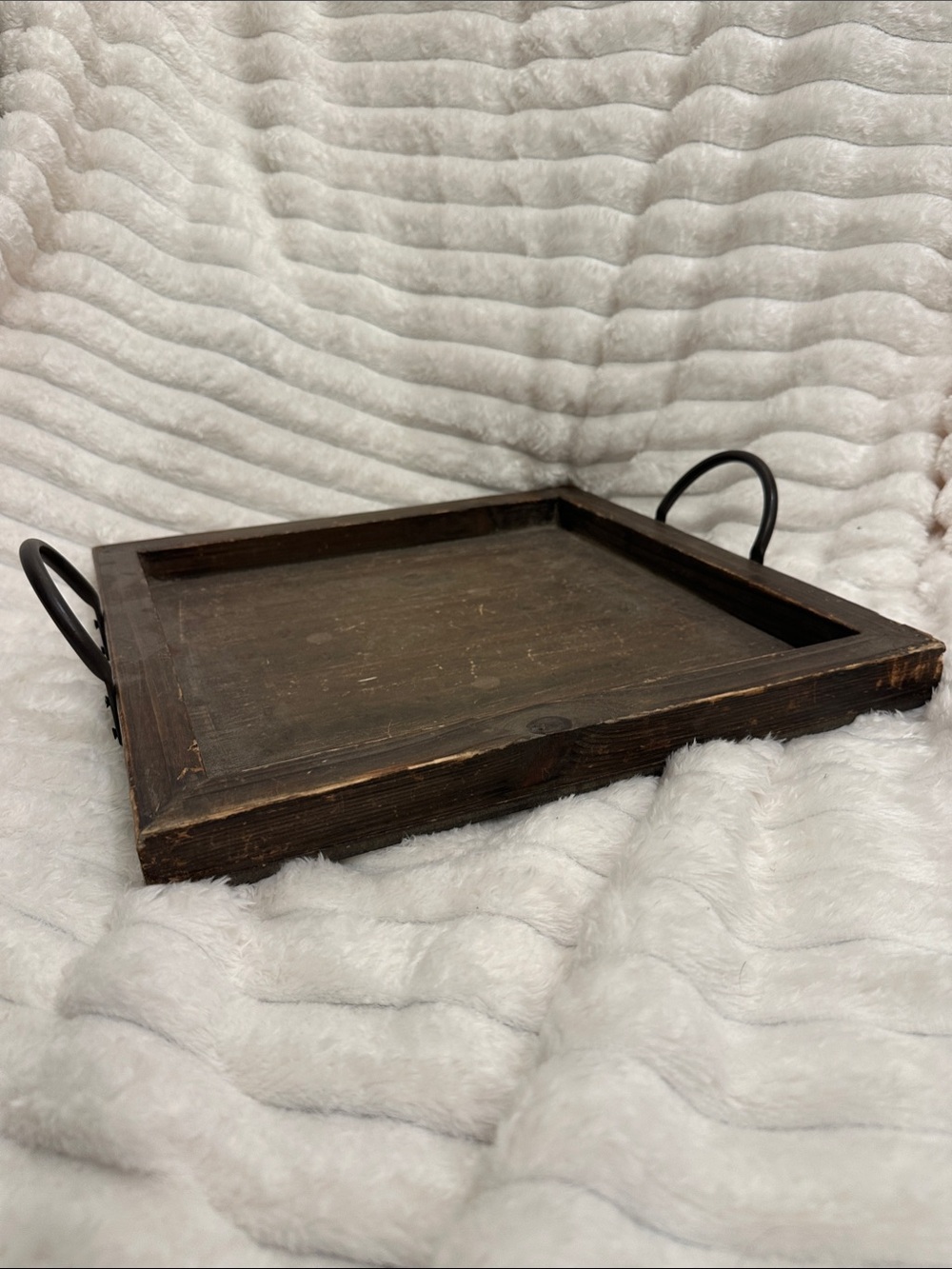 Rustic Dark Brown Wood Serving Tray with Metal Handles